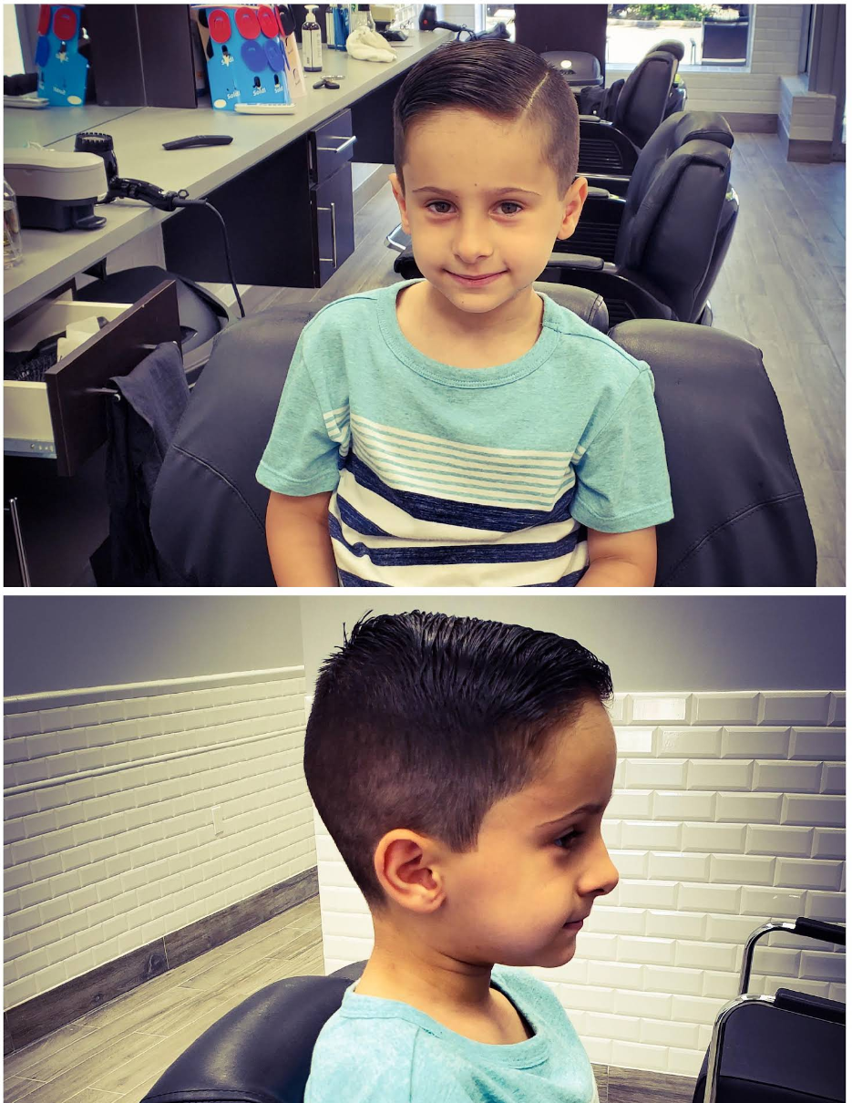 Before and after of a kid's haircut at Barber Crew