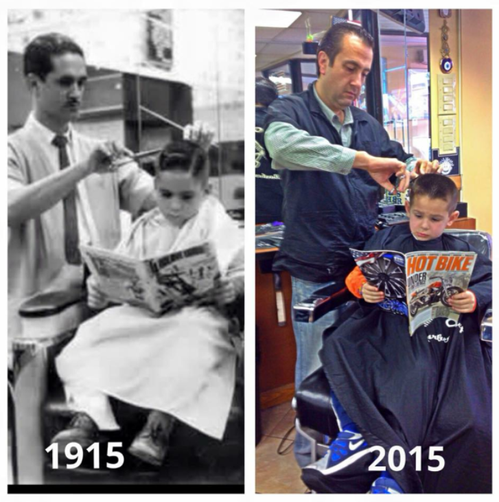 Side-by-side child haircut scenes from 1915 and 2015